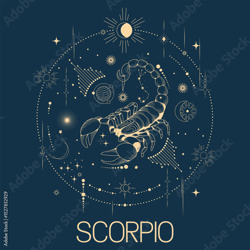 Scorpio zodiac sign vector line drawn illustration, horoscope character, stars, constellation and celestial elements in line art style