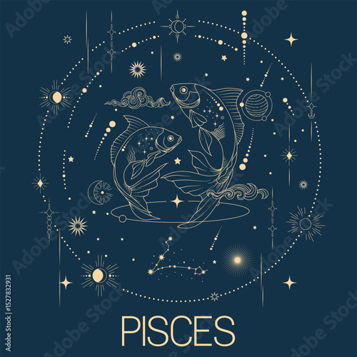 Pisces zodiac sign vector line drawn illustration, horoscope character, stars, constellation and celestial elements in line art style
