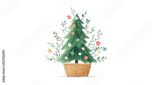 A whimsical Christmas tree blossoming with floral ornaments symbolizing a fresh start set in a charming woven basket