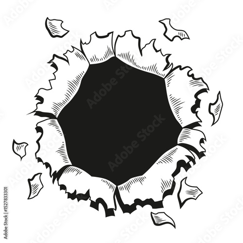 Comic book hole in coloring style. Vector paper is torn through boom explosion. Circle hole in the middle on color background. Comic style cover template or flyer wallpapers