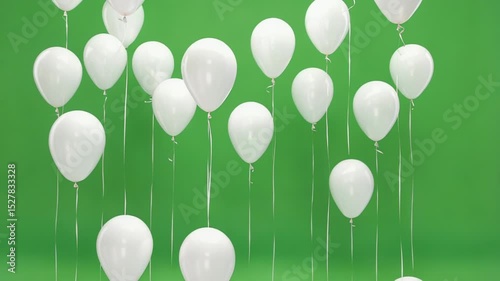 White balloons rising on green screen background