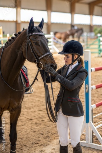 Professional female rider preparing for equitation with her horse