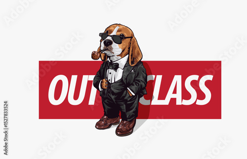 cartoon dog in formal tuxedo on outclass slogan vector illustration hand drawn - not auto trace