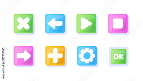 Game UI button. Mobile application or game interface element. Cartoon colorful design. Sticker or label for user interface
