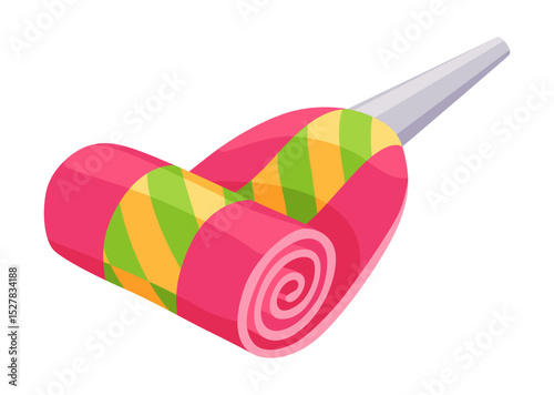 Party blower or noise maker icon. Rolled sound, celebration concept. Flat design of party horn sticker. Vector cartoon illustration