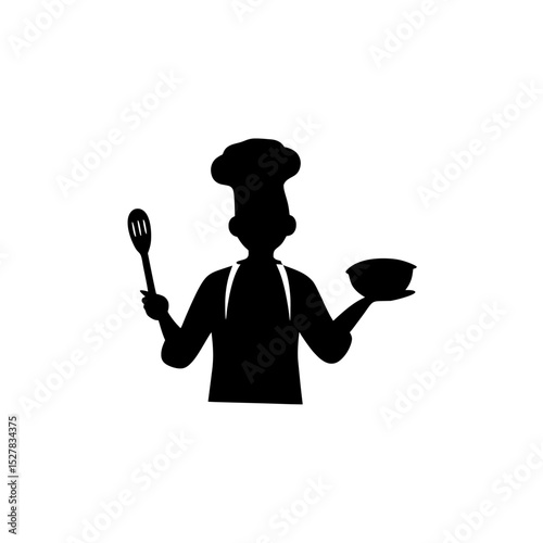 Silhouette of chef with hat holding bowl and wooden spoon in kitchen on white background , no background