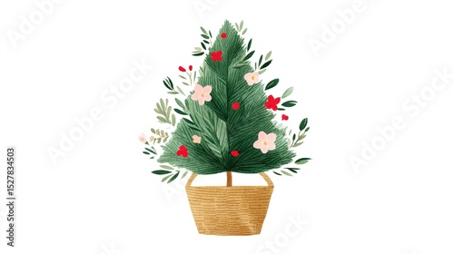 A whimsical Christmas tree adorned with delicate flowers and berries in a cozy basket featuring soft watercolor textures
