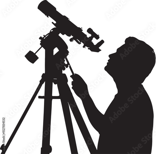 Man Gazing at Space Through Telescope Silhouette Vector Illustration