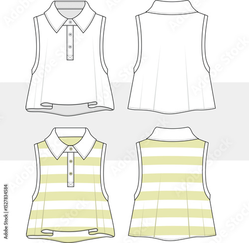 Women's and girl polo neck striped top, tank top technical fashion sketch design illustration. front and back view. Cad, mockup set.
