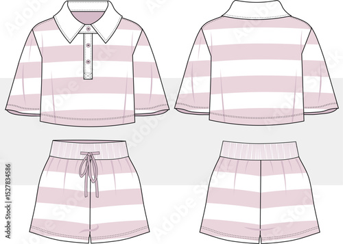 Women's and girl polo neck striped crop top t shirt and short set vector, home wear, pajama, sport wear illustration fashion design. Lounge Wear Set Fashion Flat Templates, cad, mockup.
