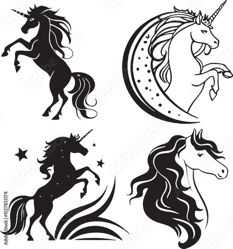 Set of four bundle unicorn silhouette illustrations, including full-body and head profiles, ideal for fantasy bundles or craft use.