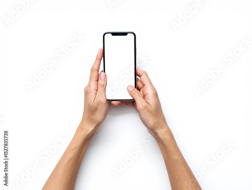 Hands Holding Smartphone with Blank Screen on White Background