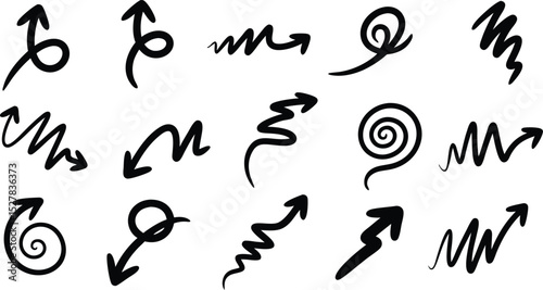 Collection of hand drawn black arrows in various styles illustrating direction and movement on white background