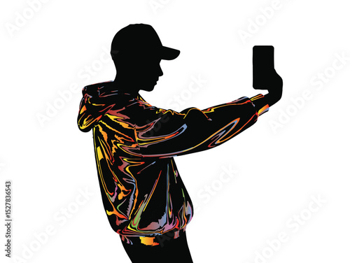 Silhouette of a man taking a selfie photo. silhouette of person taking selfie