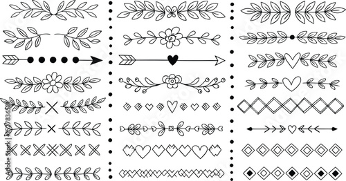 Collection of hand drawn decorative floral elements including arrows hearts and geometric borders in black and white