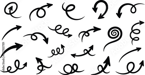 Hand drawn black arrows of various shapes and sizes on a plain white background for design elements