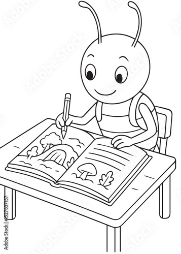 Coloring book termite drawing in a book at a desk A cute depiction of learning and creativity,