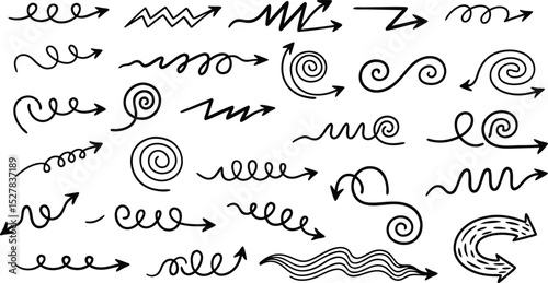Hand drawn collection of black arrow doodles in various shapes and directions for design use