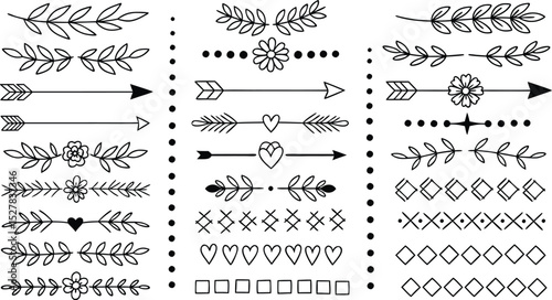 Hand-drawn decorative borders and dividers collection with leaves arrows hearts flowers and geometric shapes