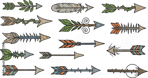 Hand-drawn illustrations of decorative arrows with various designs for art project designs and graphic elements