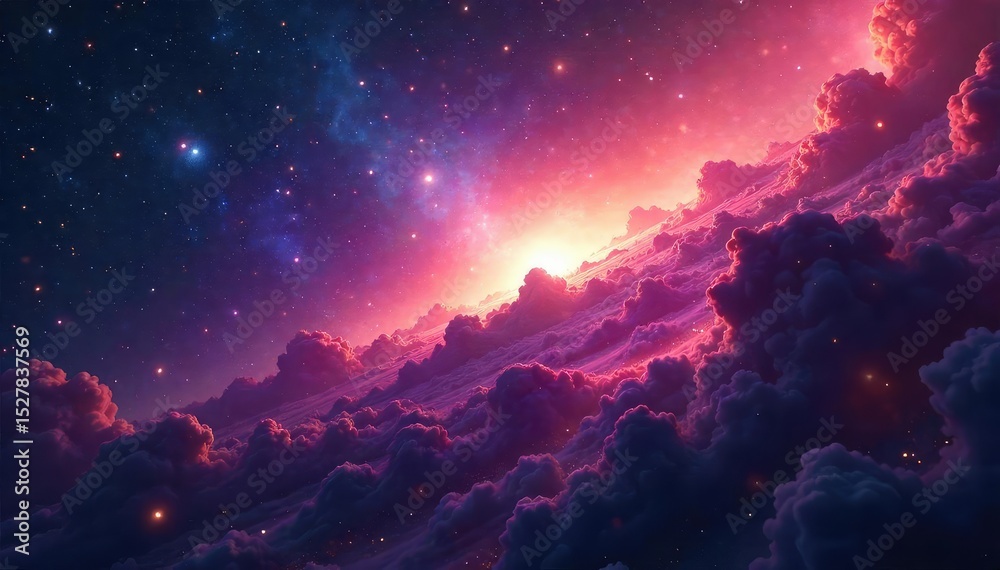 Naklejka premium A breathtaking vista of a vibrant nebula, swirling cosmic dust and gas illuminated by distant stars Perfect for science fiction, astronomy, and space exploration projects , interstellar, background