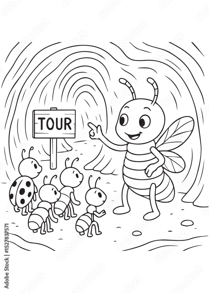 Fototapeta premium Coloring book termite with wings is pointing towards a 