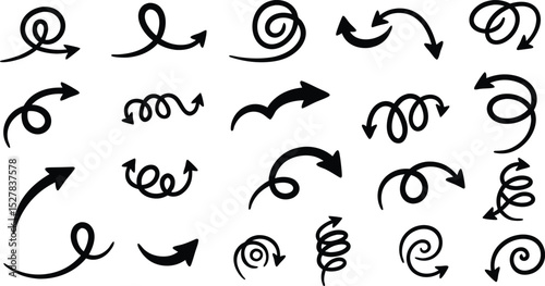 Vector illustration of a collection of hand drawn arrows in different shapes and styles for design elements.