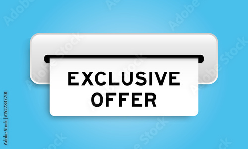 White coupon banner with word exclusive offer from machine on blue color background