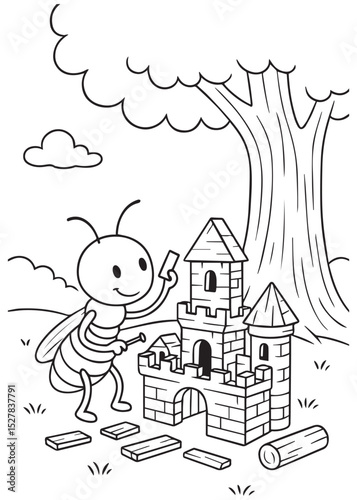 Coloring book termite with a happy expression, is building a castle out of brick-like blocks