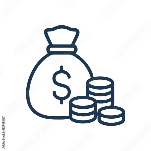 Bag of money with coin stacks. Icon symbol illustration