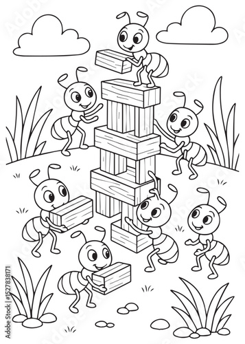 Coloring book termites are building a tall structure out of wooden blocks in a grassy area