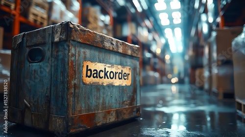 A rustic box labeled backorder in a large, well-lit warehouse environment, indicating delays.