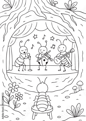 Coloring book three happy insects performing on a stage set within a tree trunk