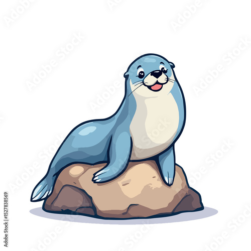 Vsai cute baby fur seal relaxing on a rock, smiling and enjoying the sun