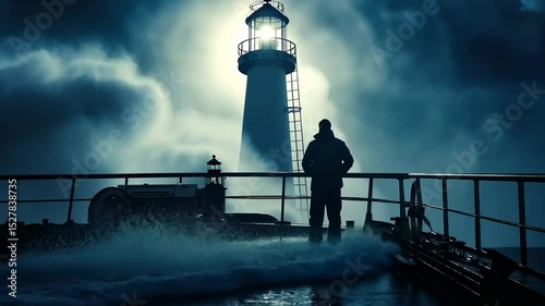 Stormy night, lighthouse, and a lone figure on a ship's deck