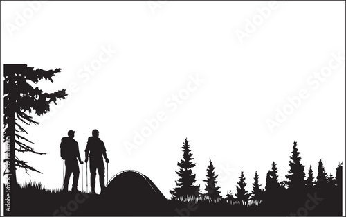 Mountain Camping Silhouette Scene Hiker, Tent, and Pine Trees Vector Art