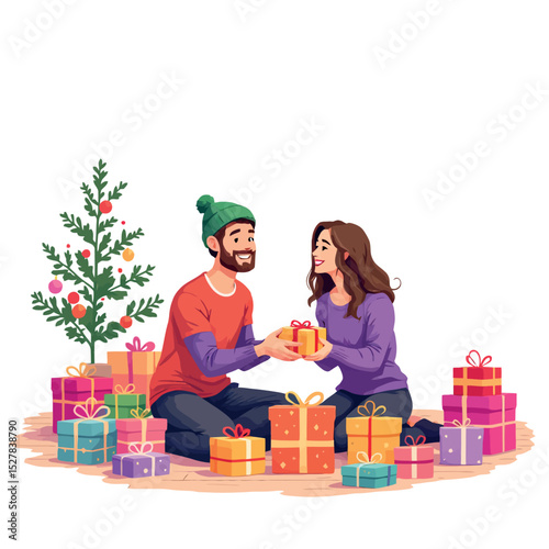 Vsai young couple exchanging christmas gifts near decorated tree