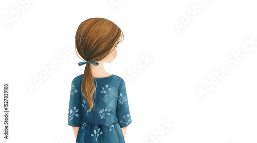 A young girl lost in thought gazes towards an unseen future clad in a blue floral dress expressing dreams and potential