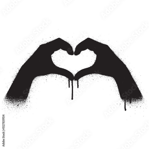 Black and White Graffiti Heart Hand Symbol with Spray and Drips.