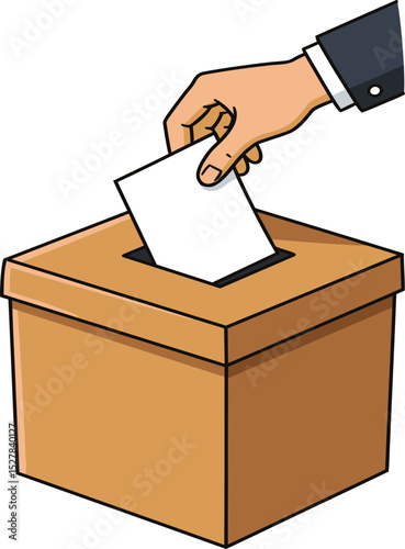A hand, wearing a suit sleeve, is placing a ballot into a voting box.