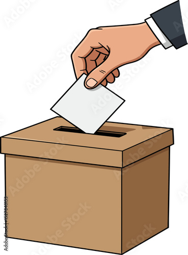 A hand, wearing a suit sleeve, is placing a ballot into a voting box.