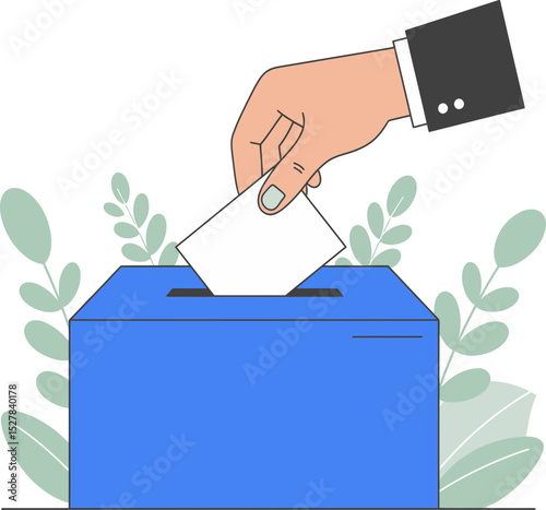 A hand, wearing a suit sleeve, is placing a ballot into a voting box.