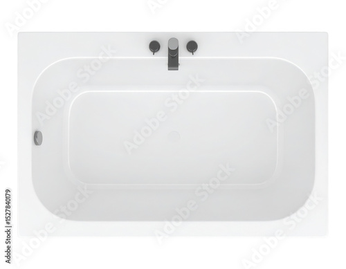 Top view of a white rectangular bathtub with rounded corners, chrome faucet, and two knobs.