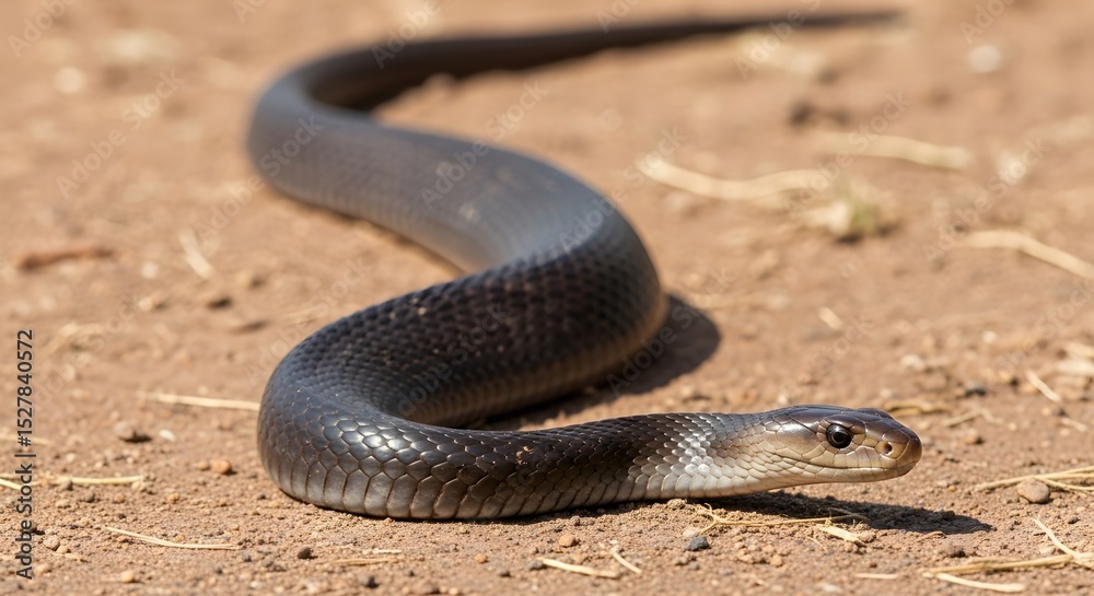 Obraz premium Black Snake on Earth: A sleek black snake gracefully moves across the parched earth, its scales glistening under the sun's warm embrace, creating a striking image of reptile in its natural habitat.