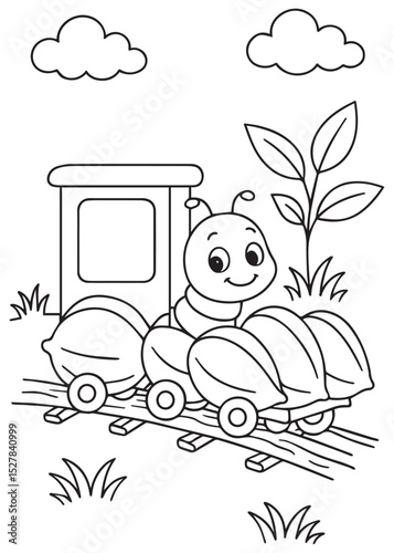 Coloring book caterpillar is driving a toy train that carries three oval-shaped cargo items, moving on train tracks