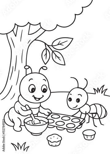 Coloring book caterpillar is happily stirring batter in a bowl, while a friendly ant holds a muffin tin with cupcakes