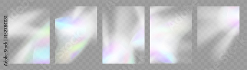 Crystal prism light flare background,transparent rainbow overlay with diamond neon glare effect and iridescent blur.