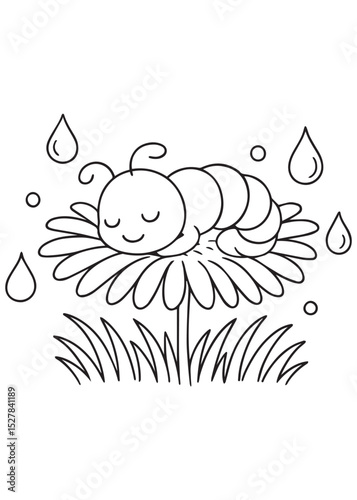 Coloring book sleeping caterpillar with closed eyes lies peacefully on a large flower with petals