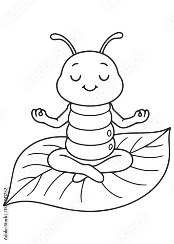Coloring book caterpillar with closed eyes, is sitting cross-legged in a meditative pose on a large leaf,
