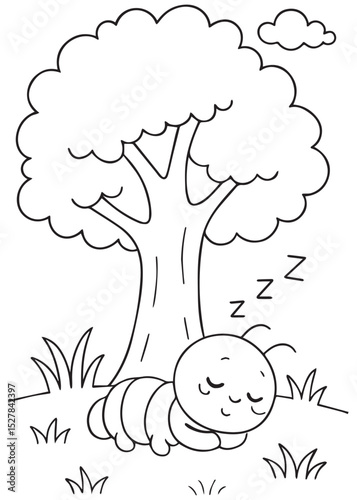 Coloring book caterpillar with closed eyes and 'Zzz' indicating sleep, is sleeping peacefully under a large tree